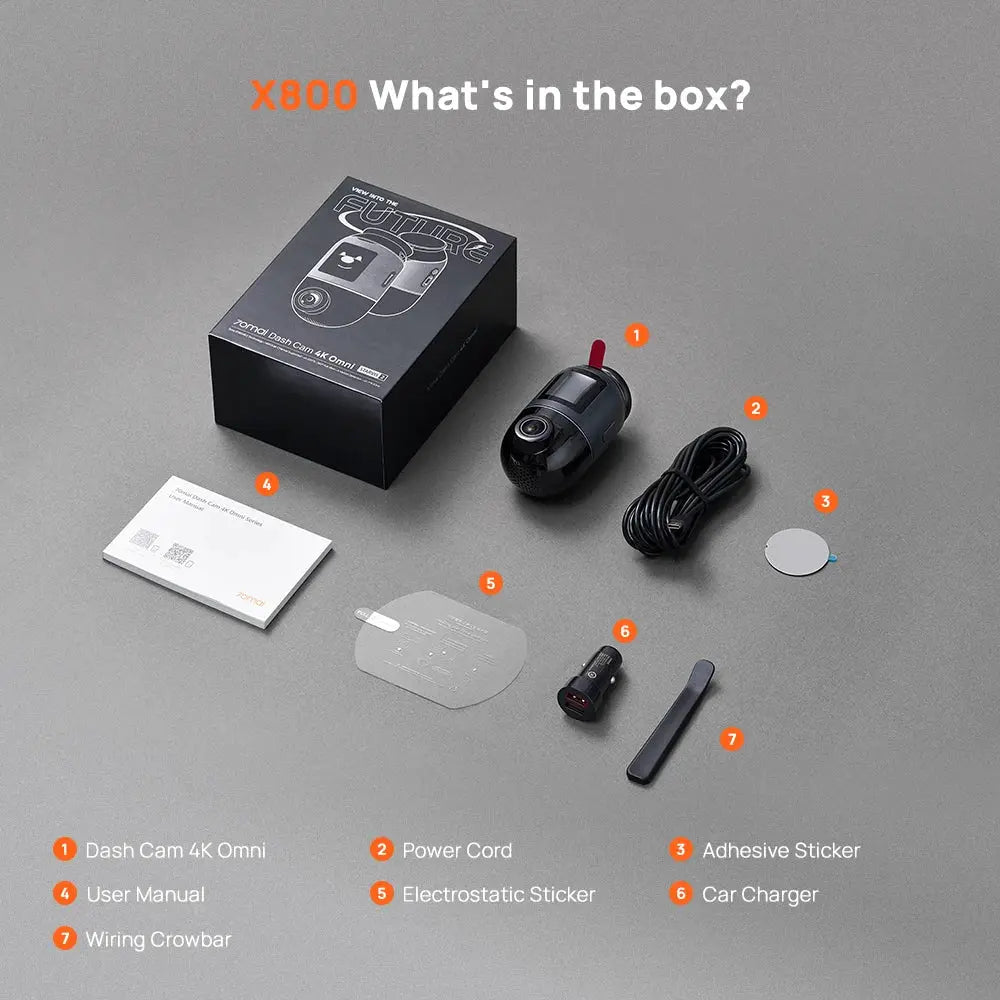70mai X800 Omni 4K black dash cam with 7 accessories: power cord, car charger, stickers, wiring crowbar, and manual