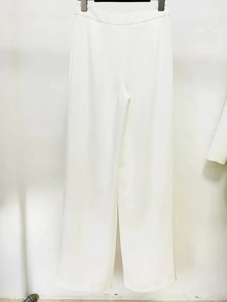 White wide-leg pants with a smooth waistband, part of a 2-piece suit set.