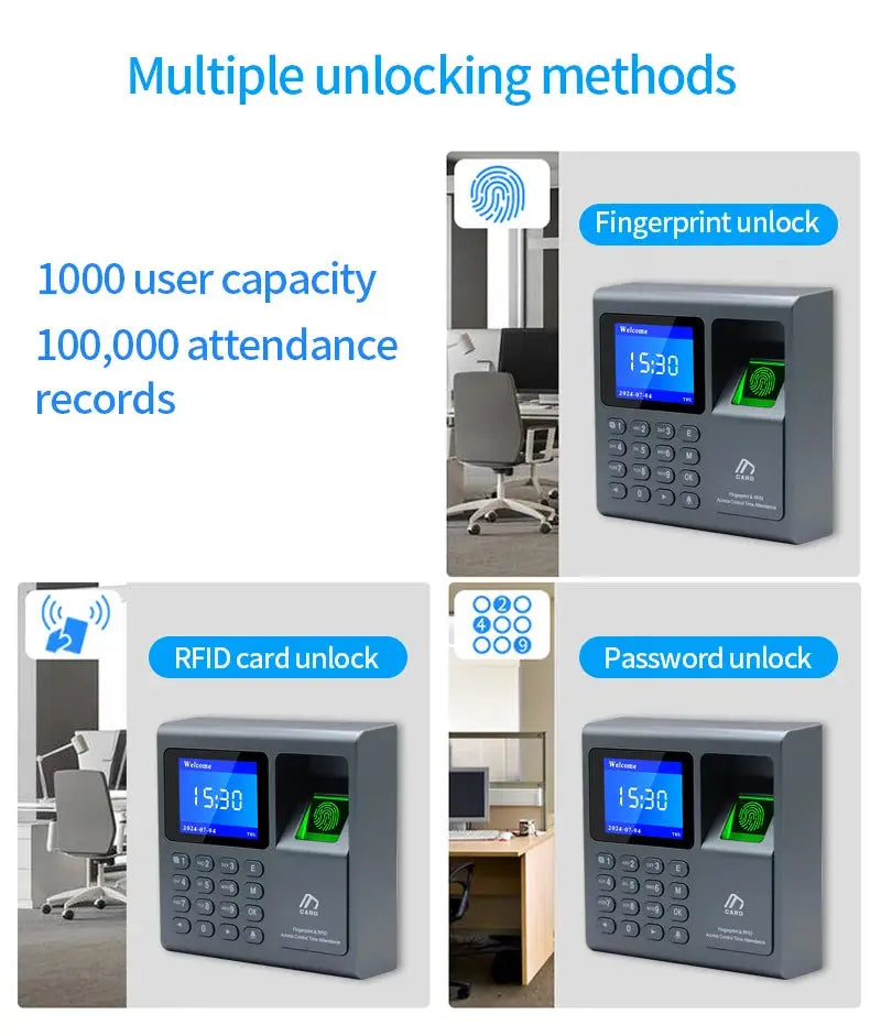 Simples Market biometric fingerprint scanner with RFID access control, 1000-user capacity, USB time attendance.