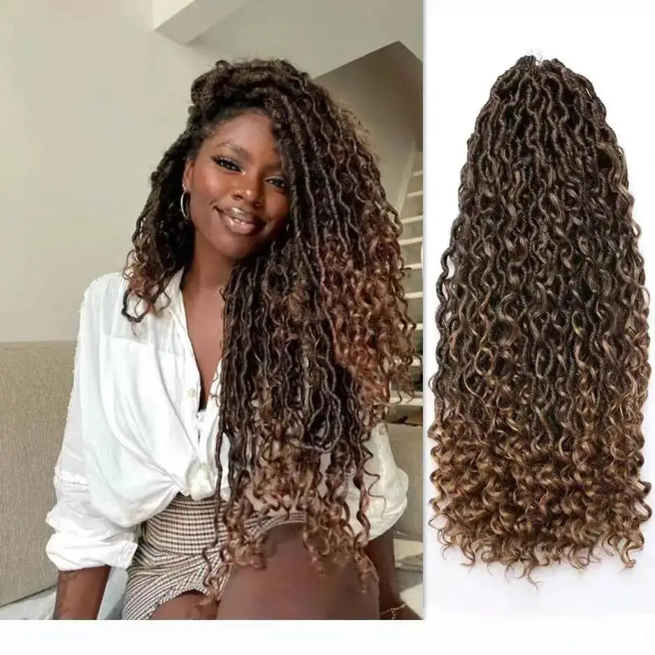 Synthetic Goddess Locs crochet hair extensions; long curly faux locs, black to caramel ombre, 2-view display