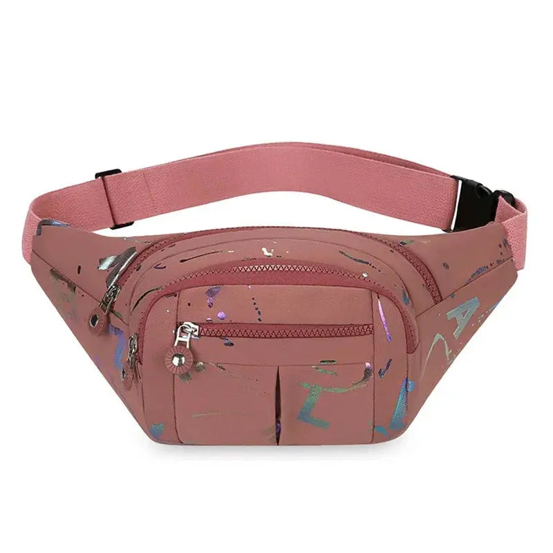 Women's pink Oxford cloth waterproof waist bag with front zip pockets and adjustable strap