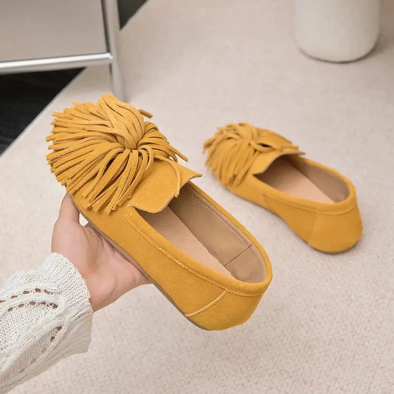 AIYUQI Women Genuine Leather Tassel Loafers Mary Jane Flat Shoes