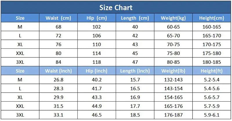 Men's UFC GYM 2-in-1 compression shorts size chart by Simples Market with waist, hip and length data (M-3XL)