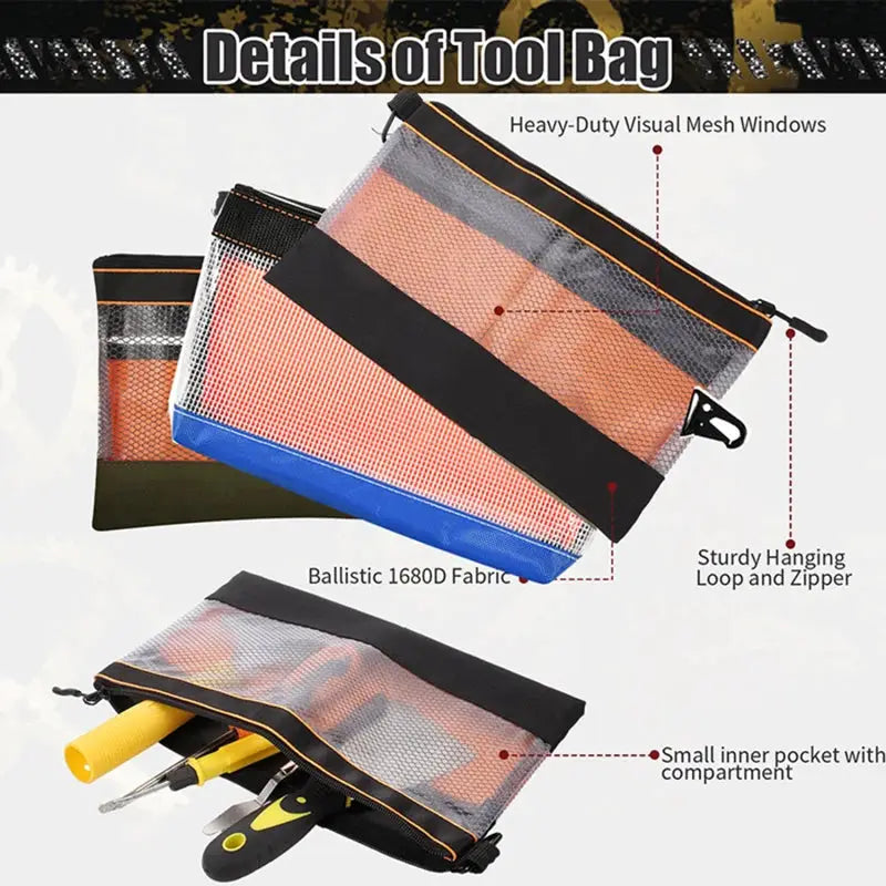 Transparent PVC waterproof tool organizer pouch with heavy-duty mesh windows