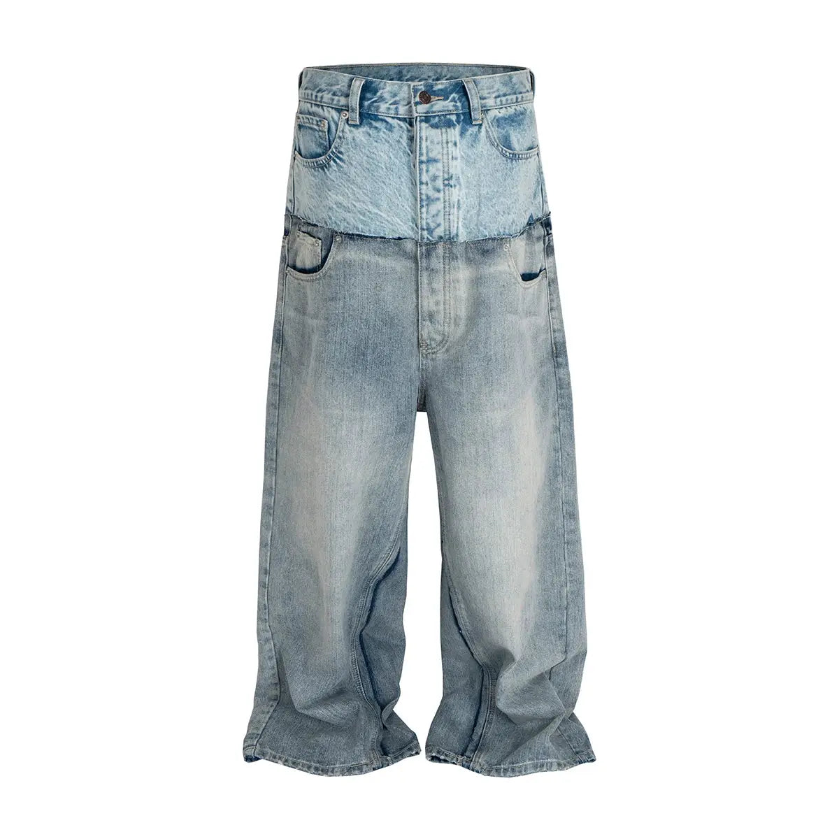 Simples Market CUT-UP double-layer patchwork baggy denim jeans, light blue mid-wash, oversized straight-leg
