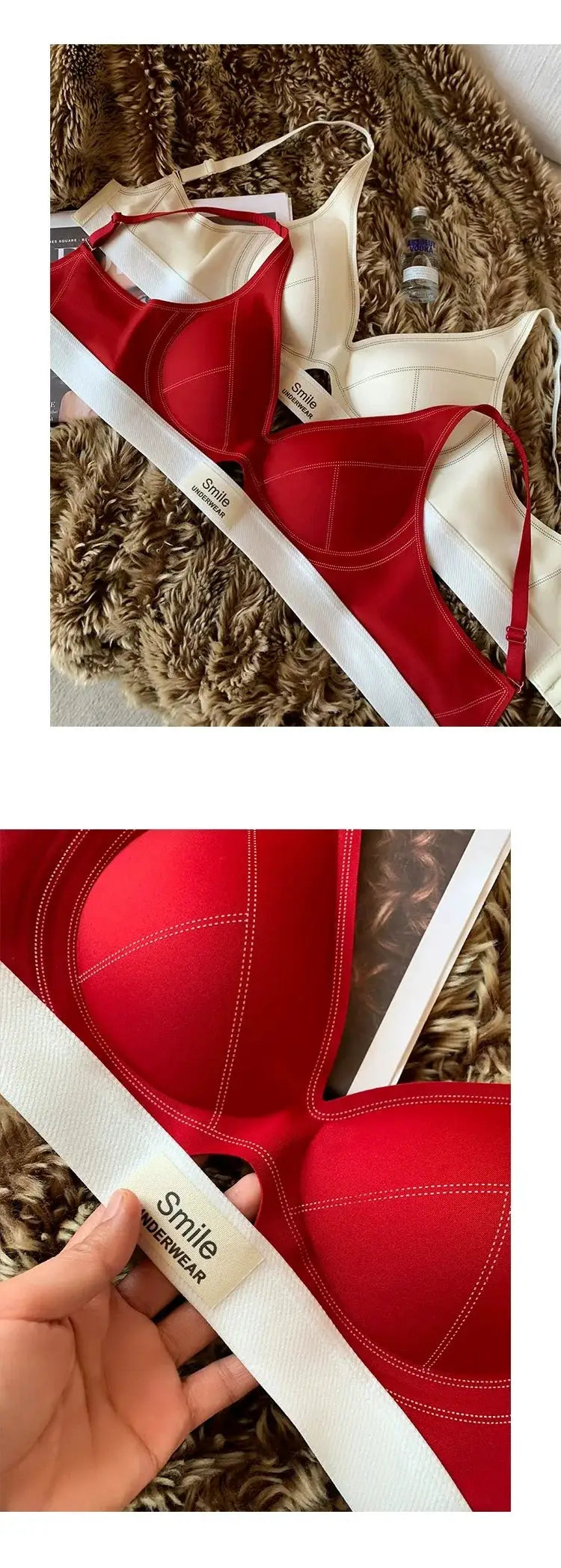 Two SP&CITY seamless bras in red and beige with white elastic band; Smile Underwear.