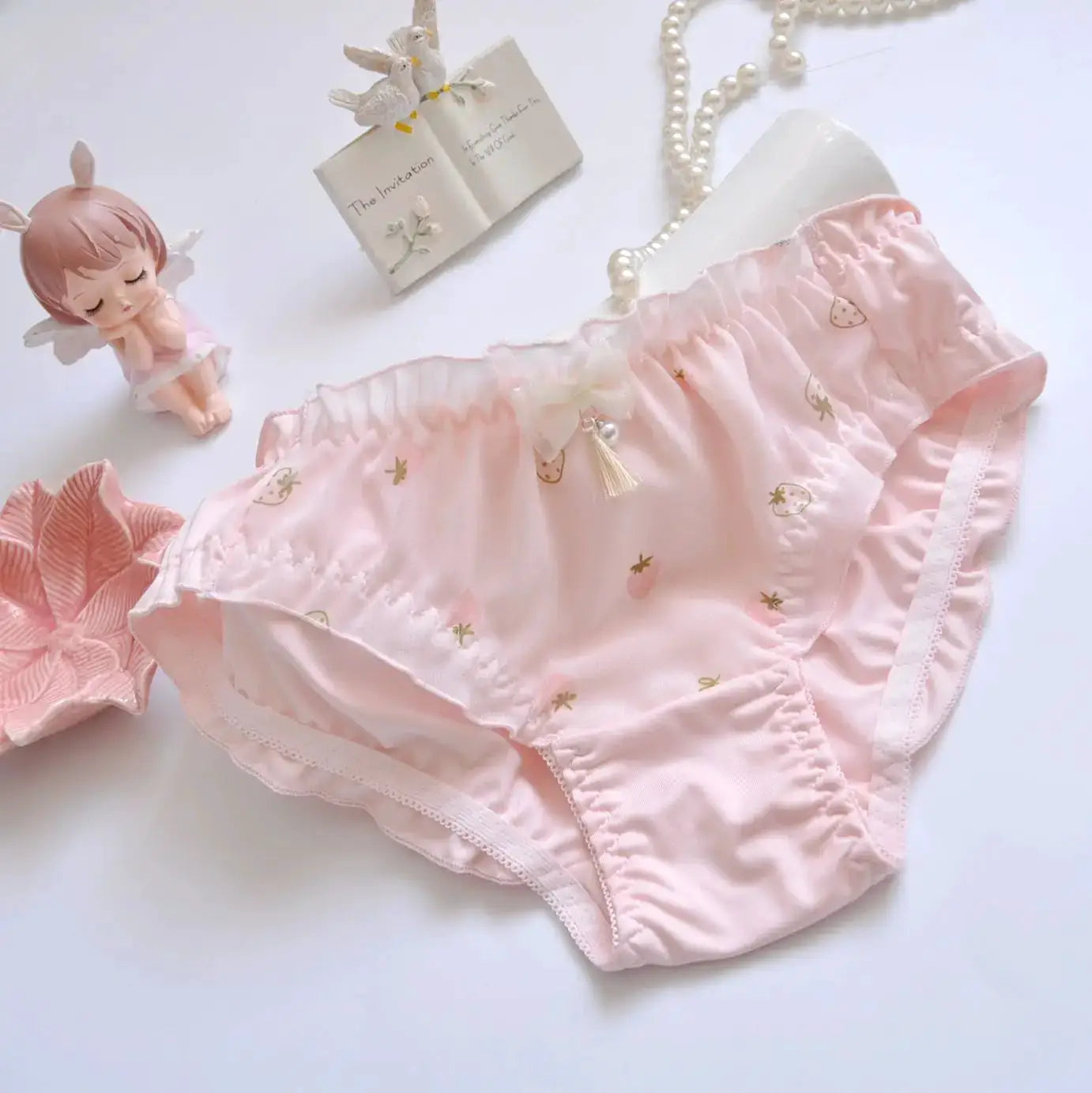 Pink cotton ruffle panties with bow, princess style, breathable, Simples Market