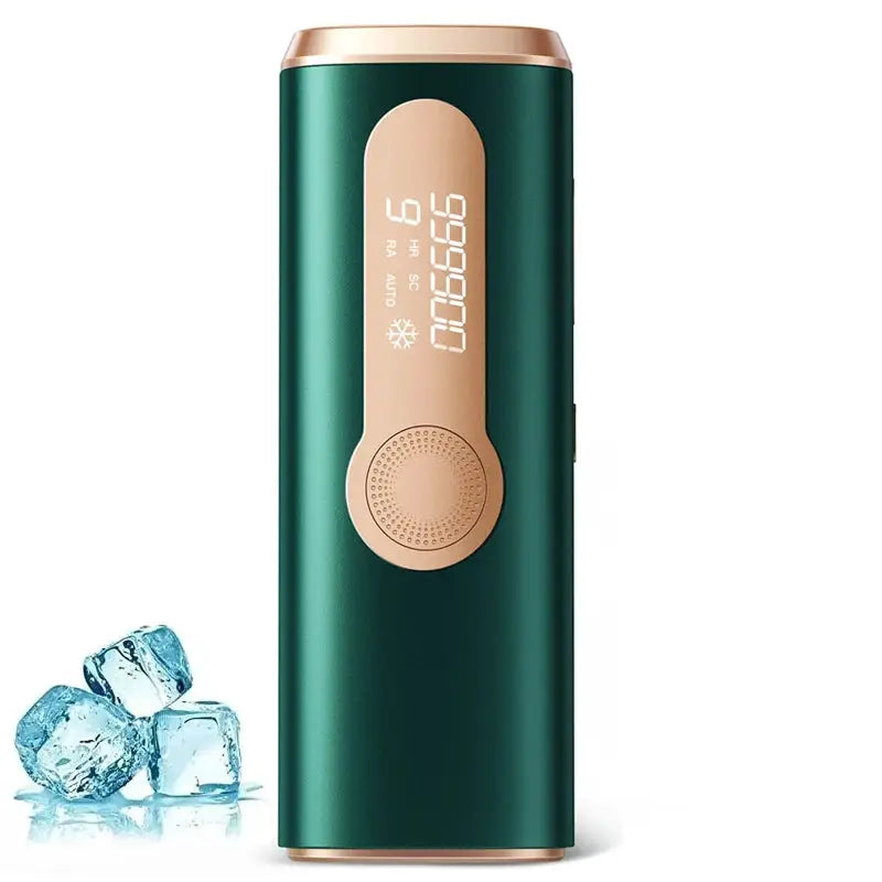 IPL hair removal device by Simples Market, ice-cooling 3-in-1, teal body with rose-gold panel for home use