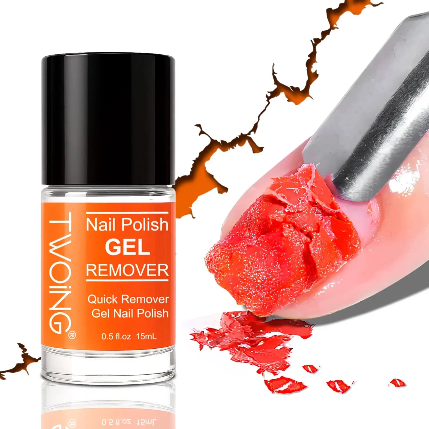 Nail gel polish remover bottle with bright orange label, 15 ml (0.51 oz)