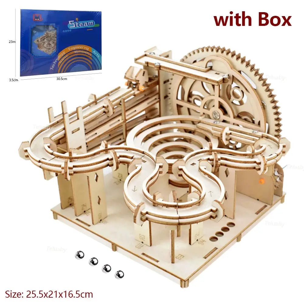 3D Wooden Puzzle Mechanical Model Building Kit Marble Run Set With 4 Balls For Adults And Kids Gift