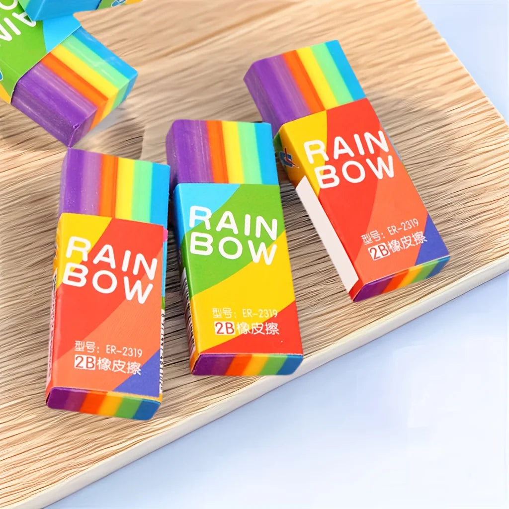 Simples Market Rainbow 2B erasers, pack of 3; soft PVC non-feathered erasers with rainbow stripes