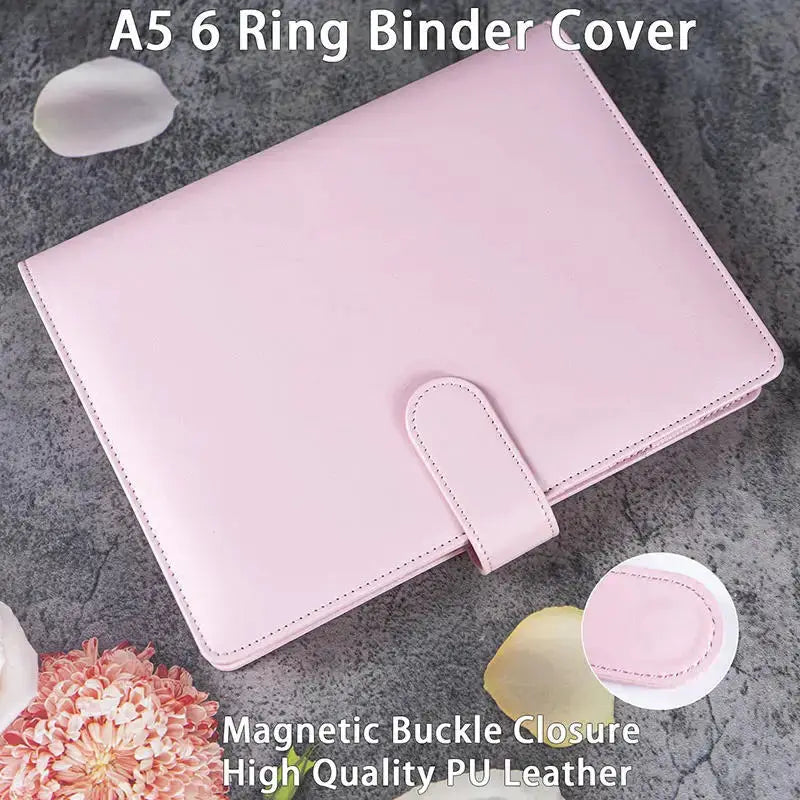 A5 6-ring binder in pink PU leather with magnetic buckle closure