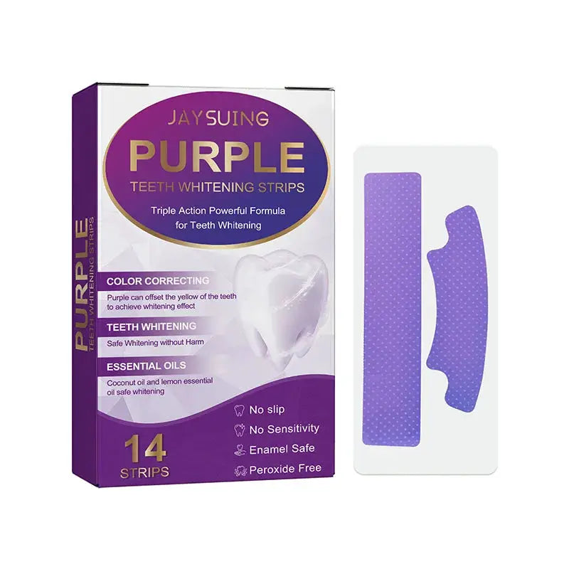 Teeth whitening strips by Simples Market, purple packaging, 14 strips included