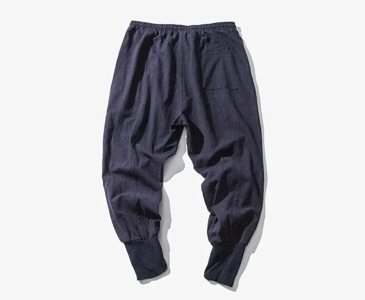 Men's navy cotton-linen baggy harem jogger pants with drop-crotch and cuffed ankles