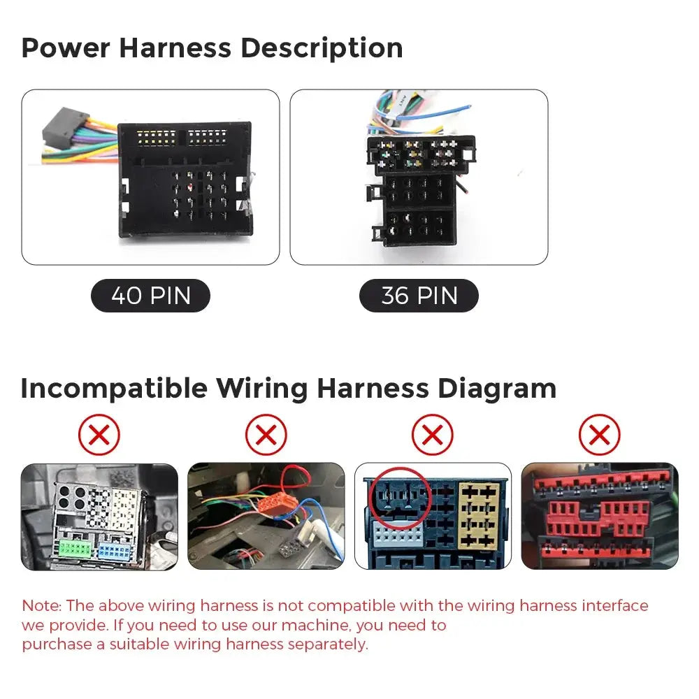2Din Android car radio wiring harness by Simples Market with 40-pin and 36-pin connectors and incompatibility diagram