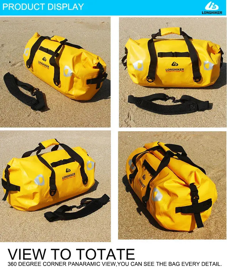 40L-120L waterproof duffle bag, yellow with black straps, LONGHIKER logo, for motorcycle and outdoor adventures