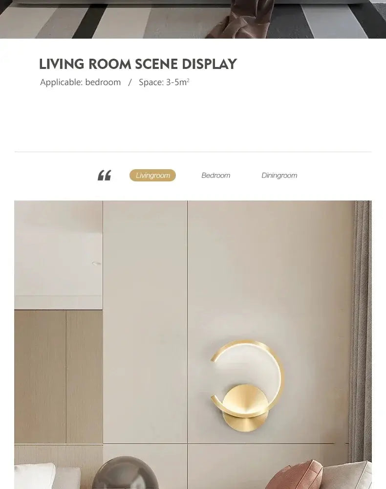 Modern LED wall lamp by Simples Market in gold metal finish, circular ring design for living room.