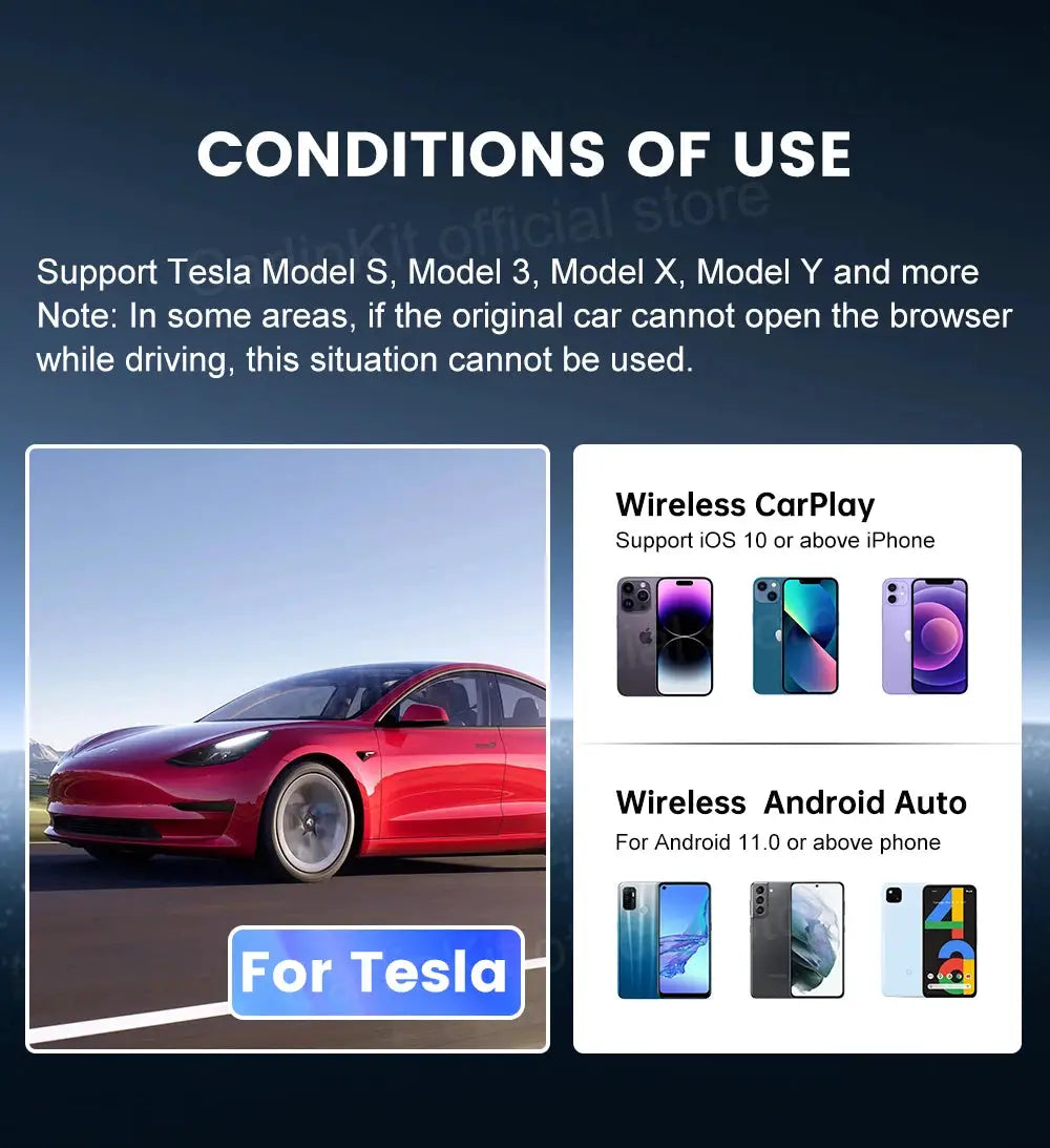 T2C CarlinKit wireless CarPlay/Android Auto kit for Tesla Model 3/Y; red Tesla left, CarPlay/Android panels right.