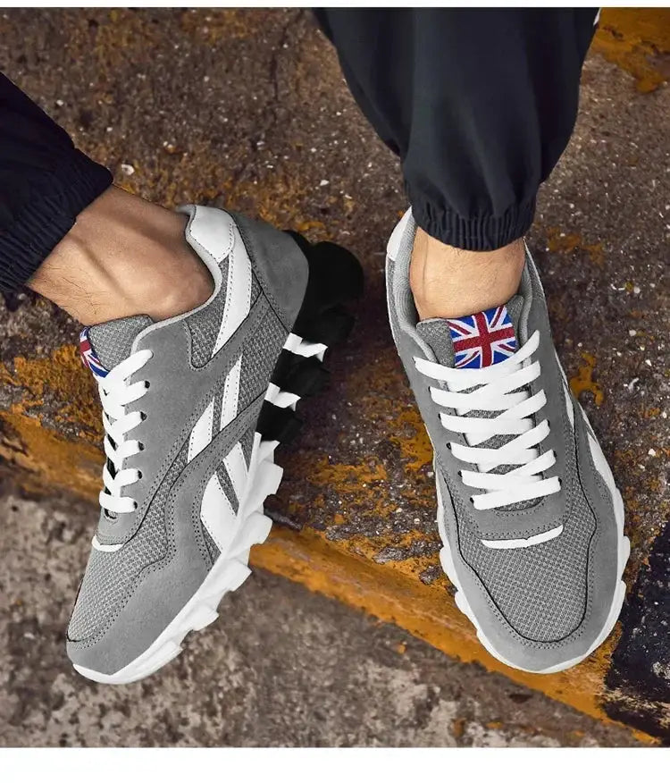 Brand Trend men's wear-resistant cushioning thick-soled sneakers, gray with white laces and Union Jack tongue patch, pair