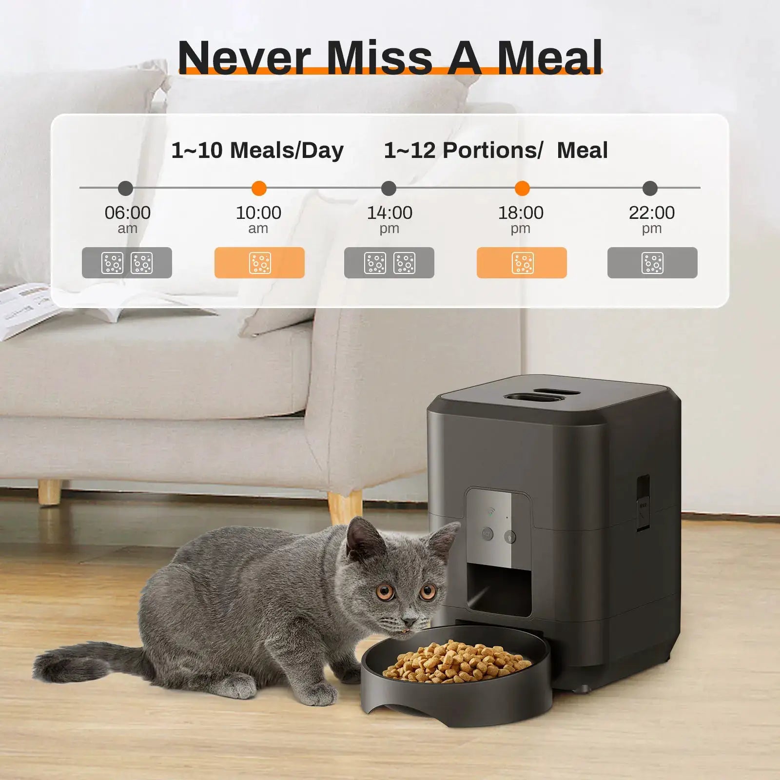 Smart Pet Feeder black automatic cat and dog food dispenser with bowl and kibble.