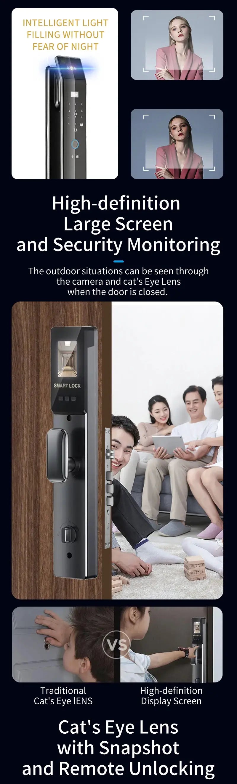 Simples Market 3D Face Smart Door Lock with biometric fingerprint keypad on a wood door, black-silver finish