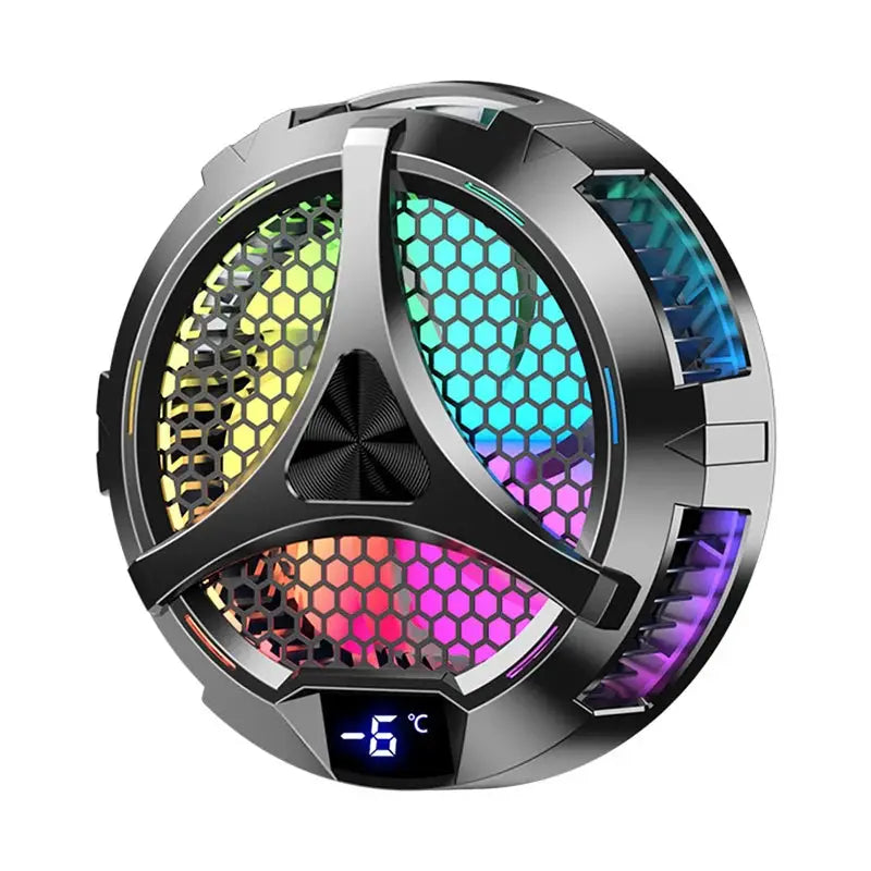 X42 magnetic cooler fan for phones/tablets, round metallic RGB cooling hub with -6°C display.