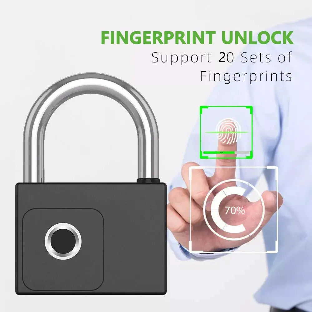 Smart fingerprint padlock with black body and silver shackle, fingerprint scan graphic.