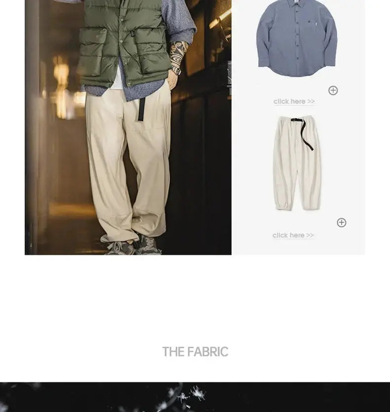 Maden men's olive green down vest by Simples Market; thick warm puffer shown with blue shirt and light pants thumbnails