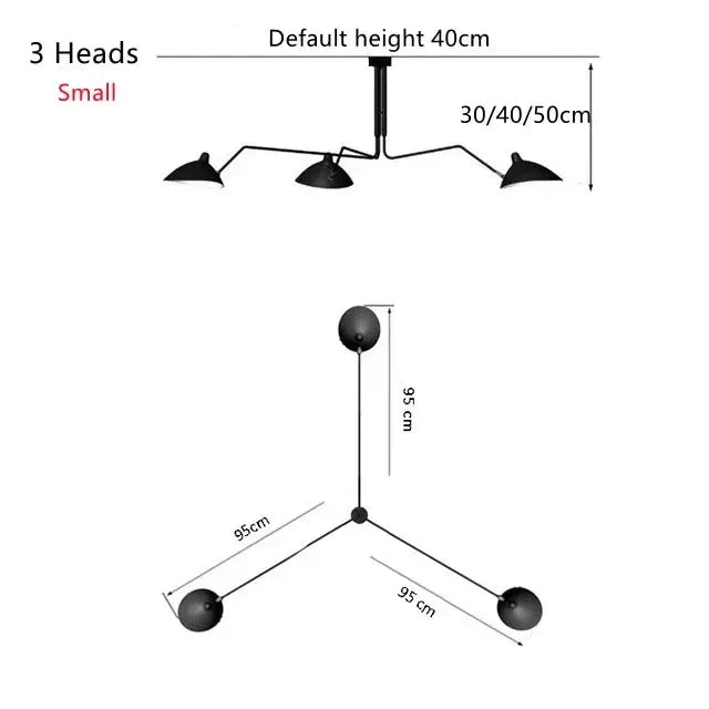 Mouille spider pendant ceiling lamp, black metal, 3 heads, adjustable heights 30/40/50 cm, Simples Market