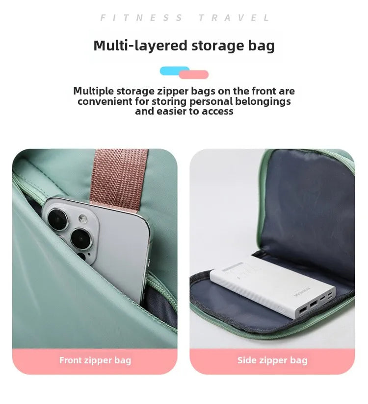Teal multi-layered storage bag with front zipper pocket for phone and side zipper pocket for power bank, large-capacity