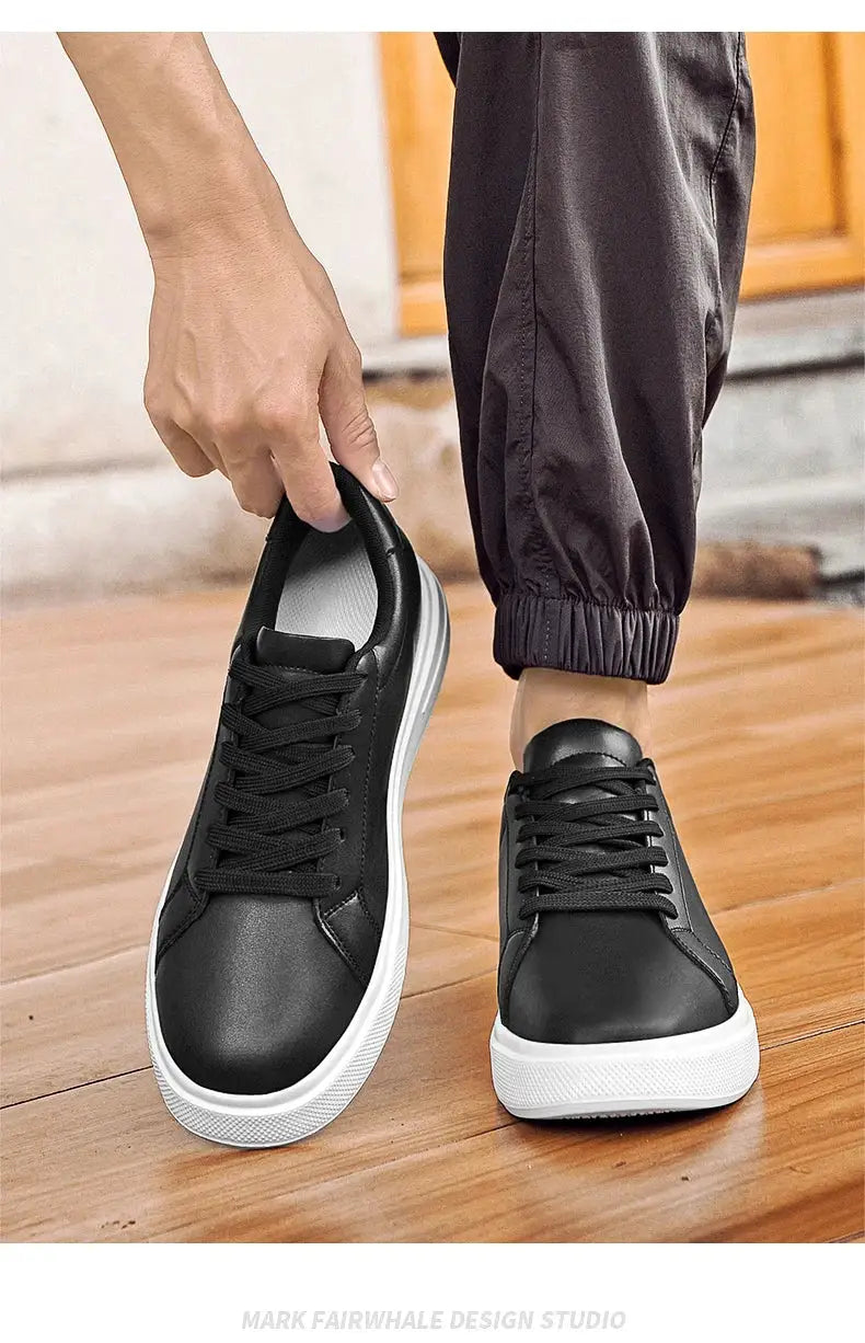 Men's black leather elevator sneakers with white sole and height-increasing insoles