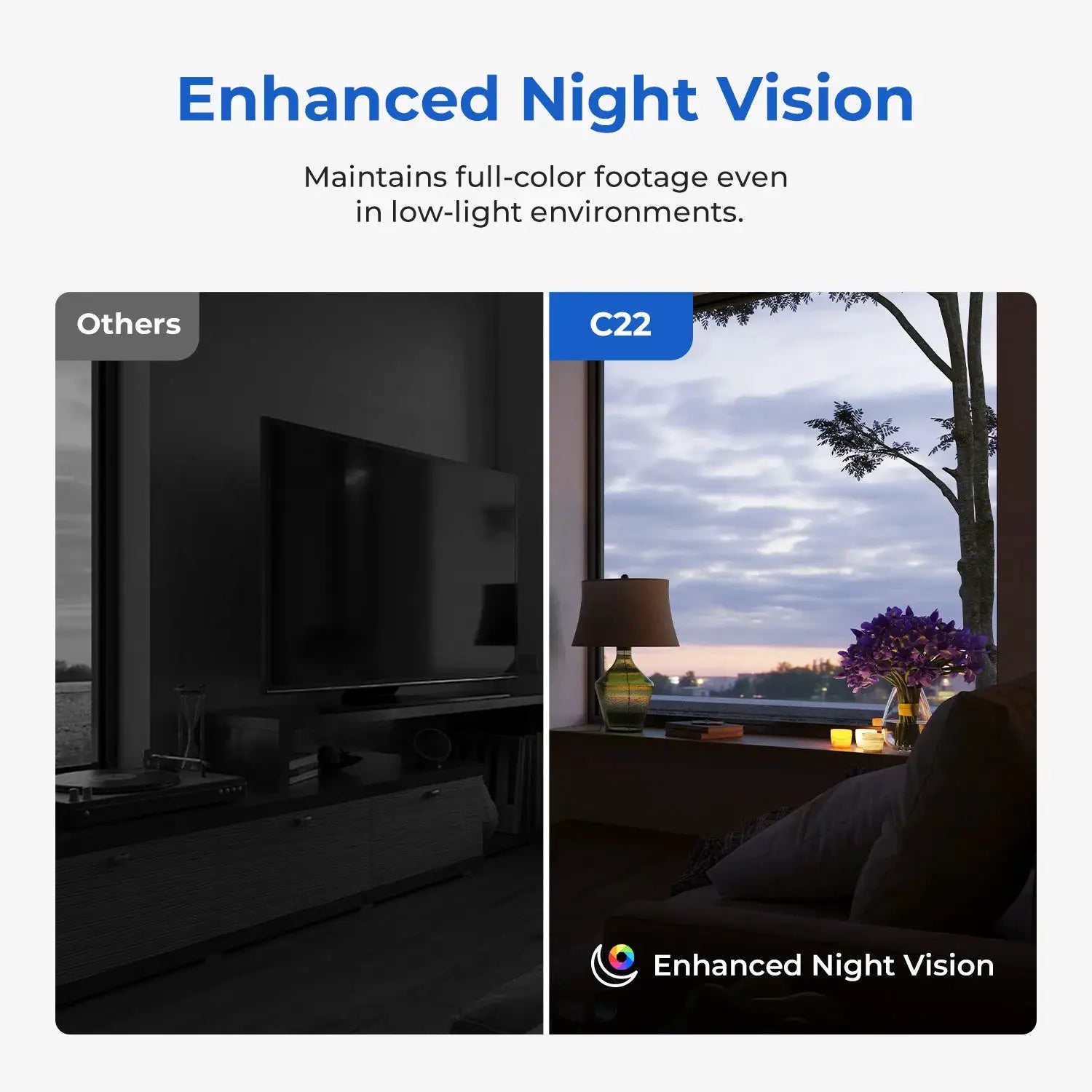 IMILAB baby monitor indoor security camera with enhanced night vision; side-by-side panels compare dark Others vs bright C2 night vision.