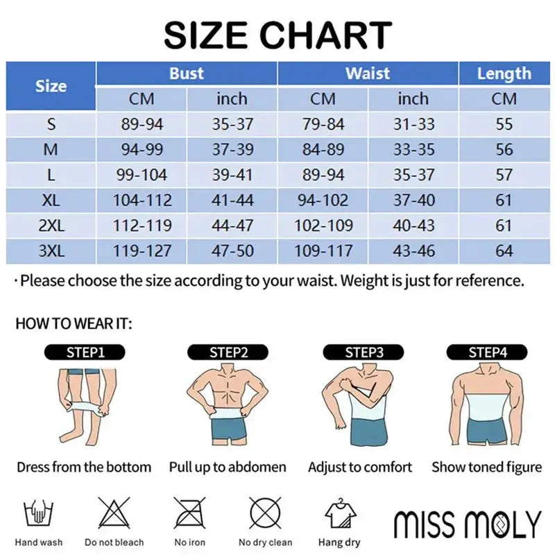 Simples Market men's compression shirt body shaper; size chart and four-step wear guide with MISS MOLY logo