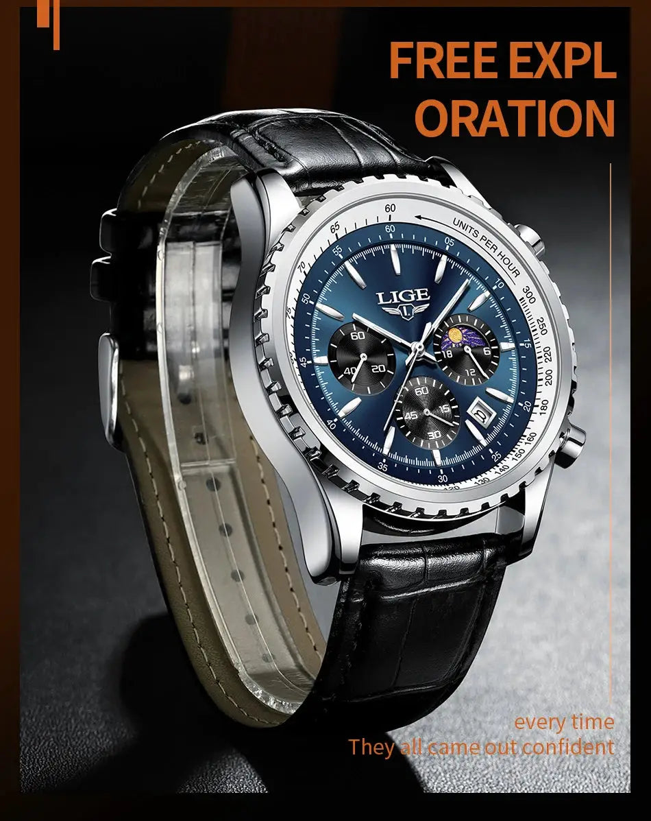 LIGE men's luxury chronograph watch with blue dial, stainless steel case and black leather strap