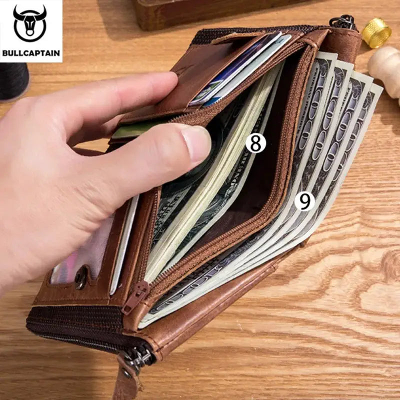 BULLCAPTAIN retro brown leather RFID wallet with zipper, card slots and cash compartments from Simples Market.