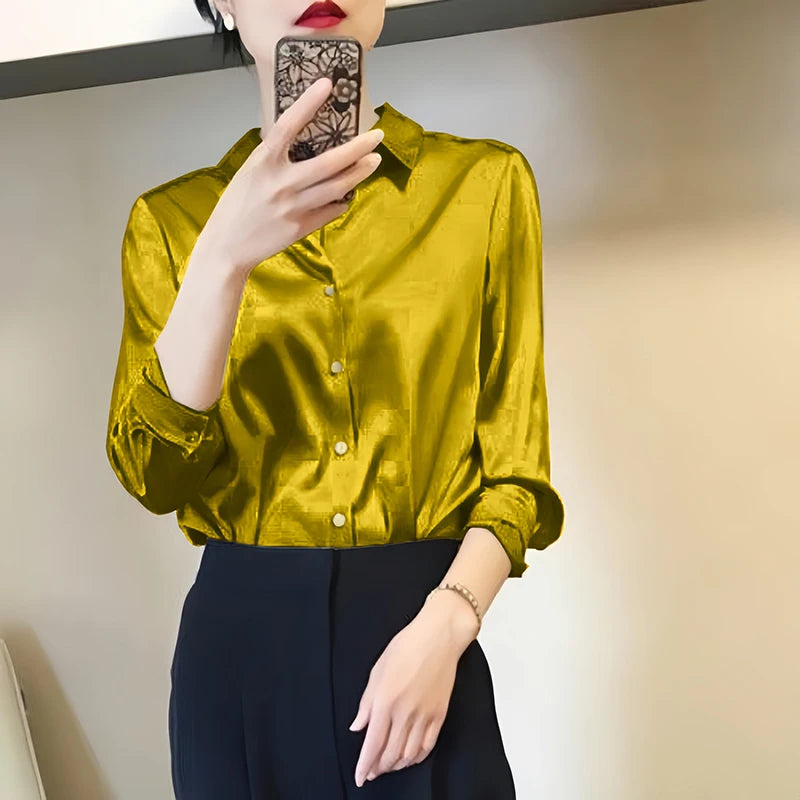 All Match Satin Finish Blouse For Women Turn Down Collar Three Quarter Sleeves Office And Casual Wear
