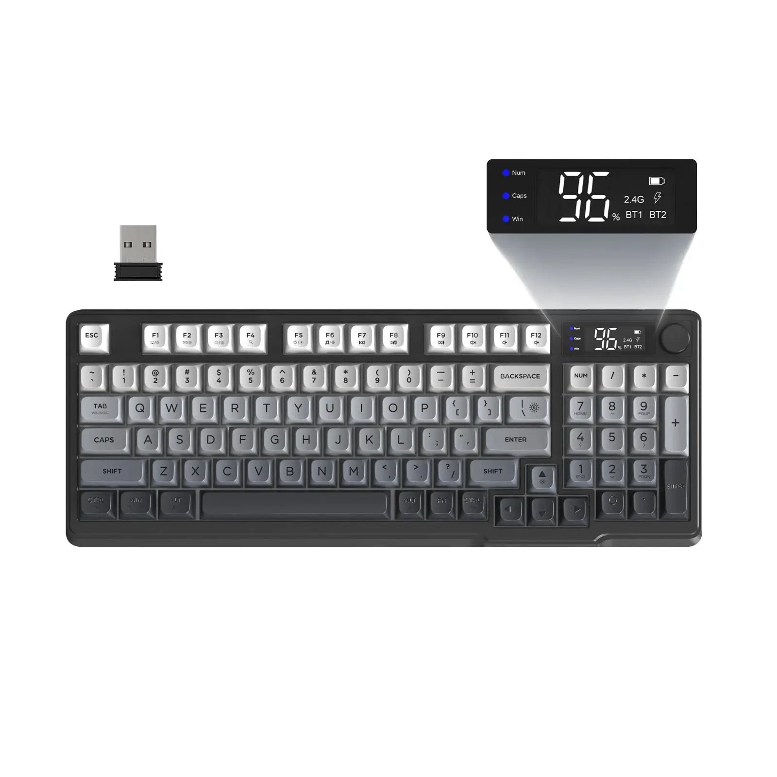 ZIYOU LANG wireless gaming keyboard with display screen and knob; black, Bluetooth/2.4G, USB dongle included