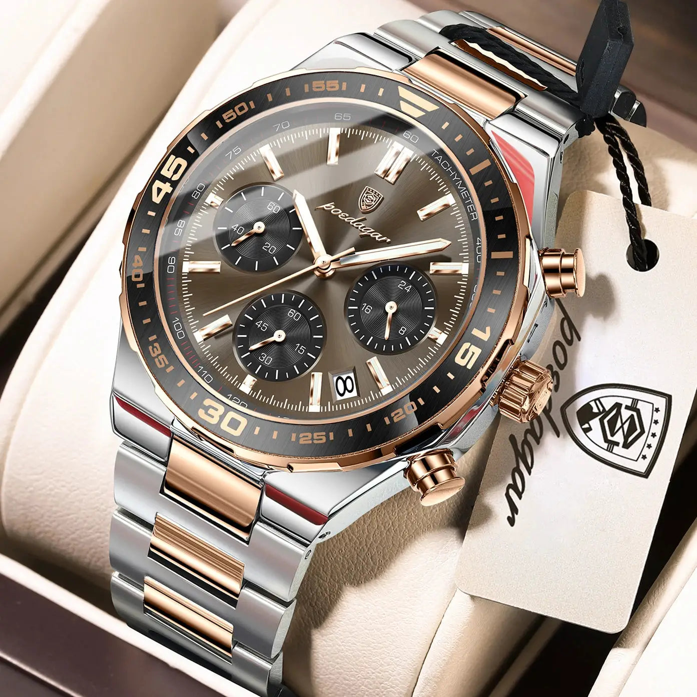 POEDAGAR men's stainless steel two-tone watch with rose-gold bezel, chronograph subdials, date window.