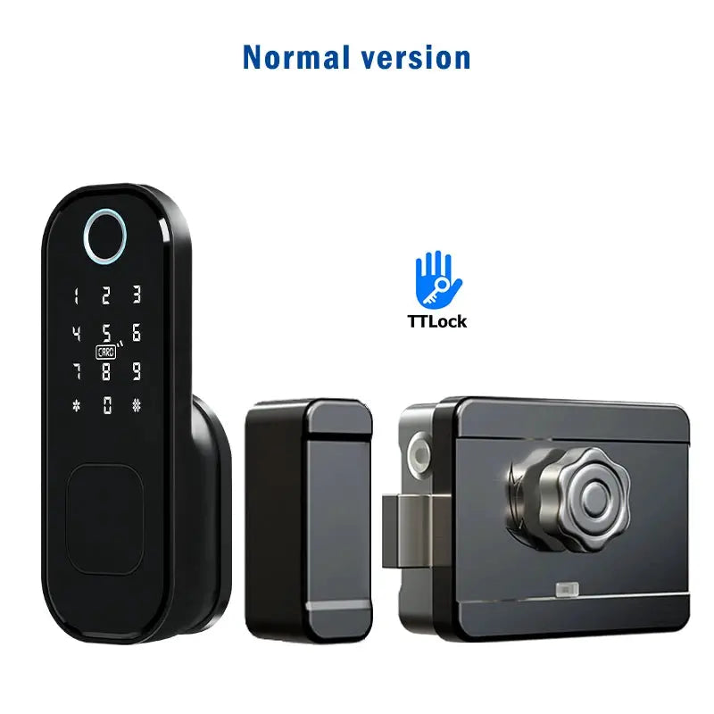 R5 PRO TTLock smart door lock set in black; 3-piece kit with keypad, fingerprint ring, and bolt mechanism