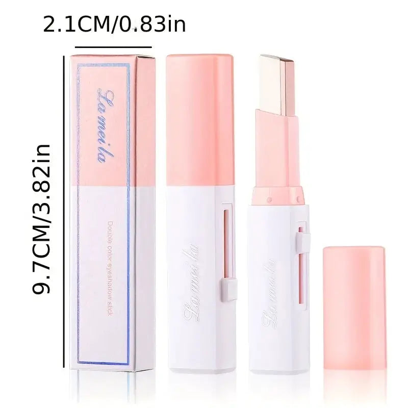 Two eye shadow sticks with pink-white gradient; pink caps, boxed display by Simples Market.