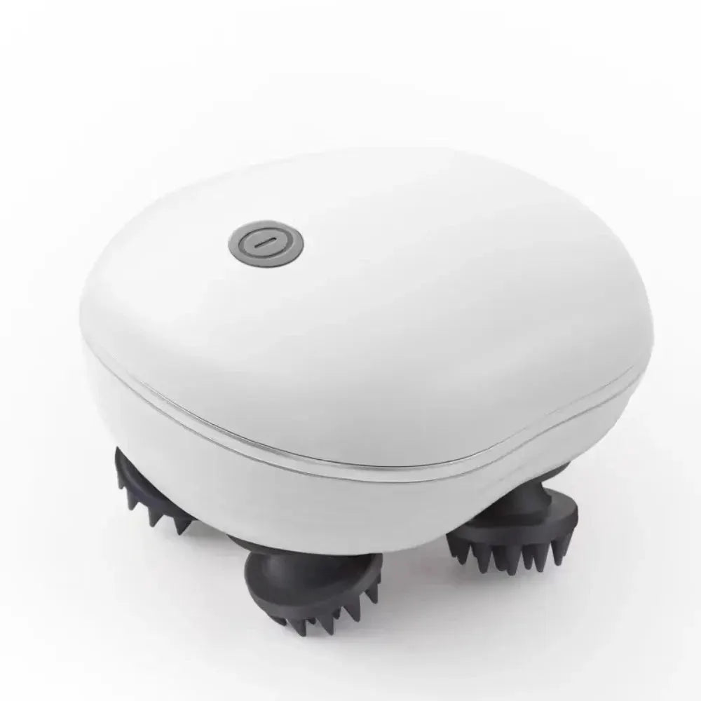 2-in-1 Electric Scalp Cleaner & Pet Massager by Simples Market, white rechargeable device with rotating bristle wheels