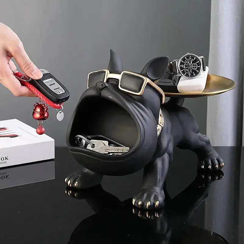 Simples Market resin bulldog statue with a gold storage tray on its back, holding a watch and keys for home decor