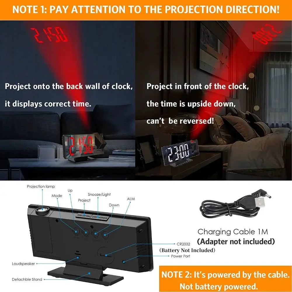 Simples Market USB powered projection alarm clock with 180° projection and LED time display, snooze