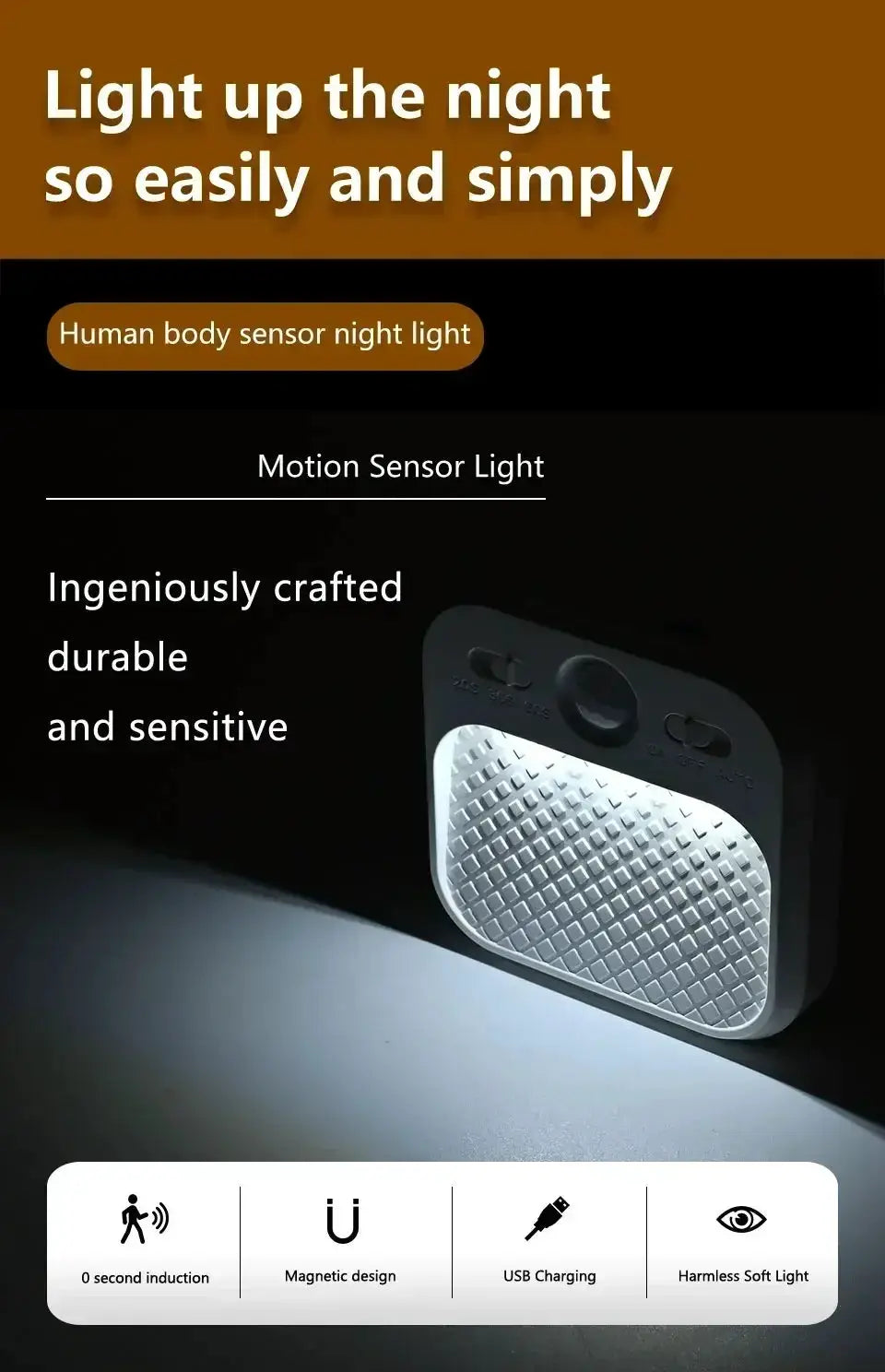 Motion sensor LED night light with magnetic stick-on back and USB rechargeable