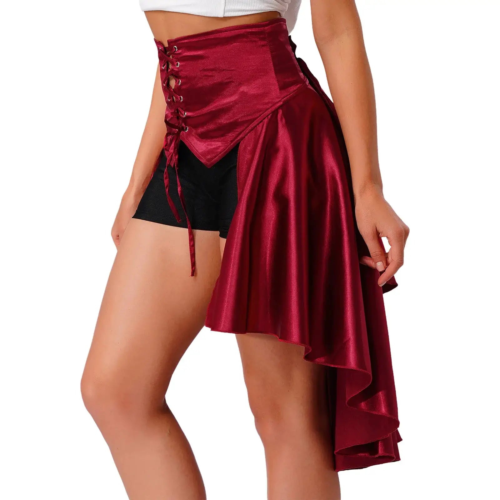 Women's gothic steampunk satin pirate skirt with front lace-up corset detail, irregular tiered hem