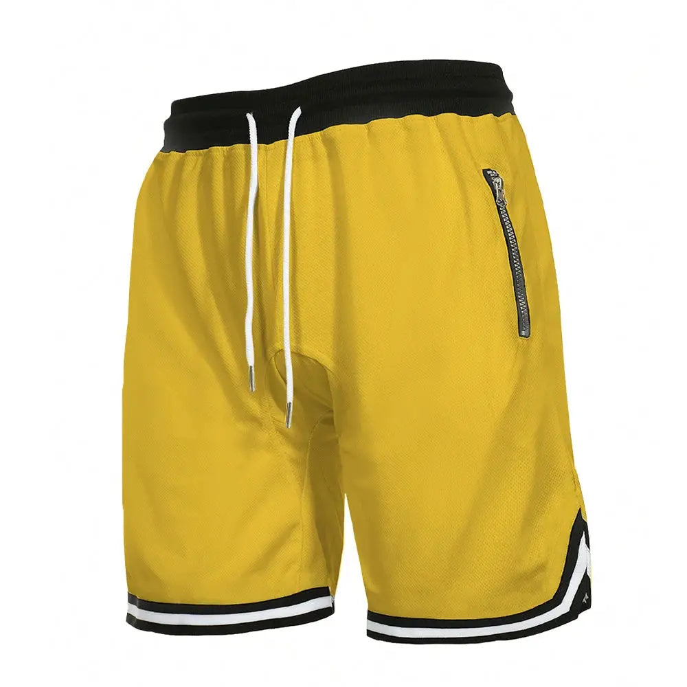 Men's yellow mesh quick-dry basketball shorts with black waistband, white drawstrings, zippered side pocket, and striped hem.