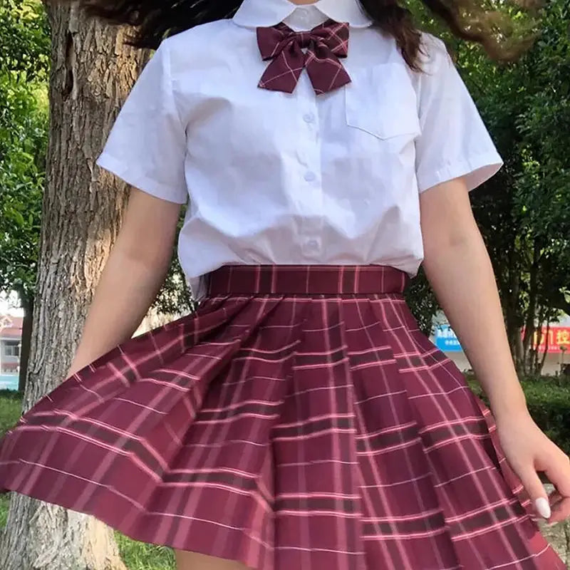 ZOKI plaid pleated high-waist skirt in red with white check pattern