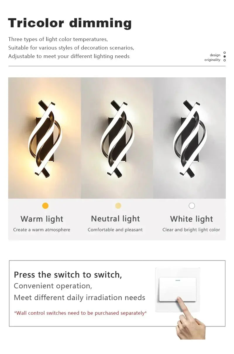Simples Market curved spiral LED wall lamp with three views showing warm, neutral, and white light options for bedroom or hallway decor.