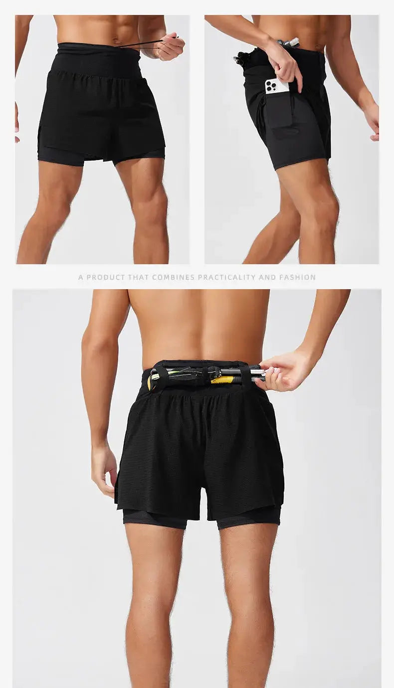 Simples Market men's black double-layer running shorts with inner liner and quick-dry side pocket