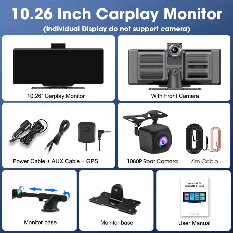 10.26 Inch Dash Cam Mirror 4K Player Wireless CarPlay Android Auto GPS
